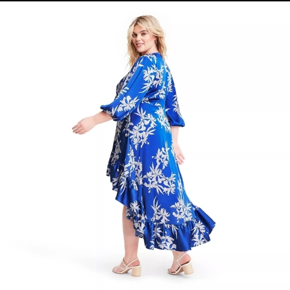 Alexis X Target Women's Plus Size Blue Floral Ruffled Hi-Low Satin Dress. 3X - Picture 2 of 11